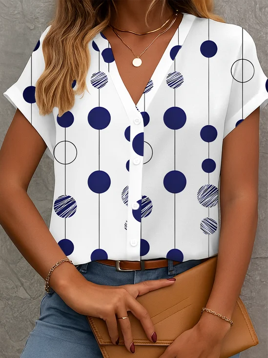 V-Ausschnitt Kurzarm Polka Dots Print Regelmäßig Mikroelastizität Regelmäßige Passform Knopfhemd Bluse für Damen
