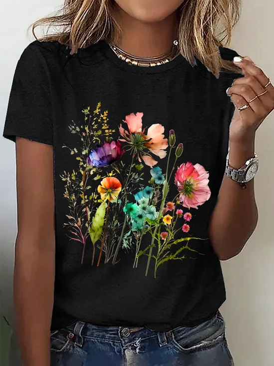 Lässig Geblümt Rundhals Kurzarm T-Shirt