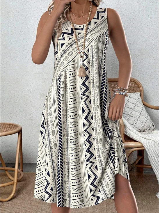 Damen Geometrisch Sommer Kleid Rundhals Ärmellos Tanktop A-Linien-Kleid
