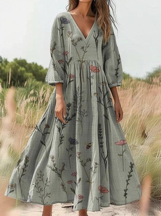 Damen Geblümt Sommer Kleid Rundhals Halbarm H-Linie Kleid