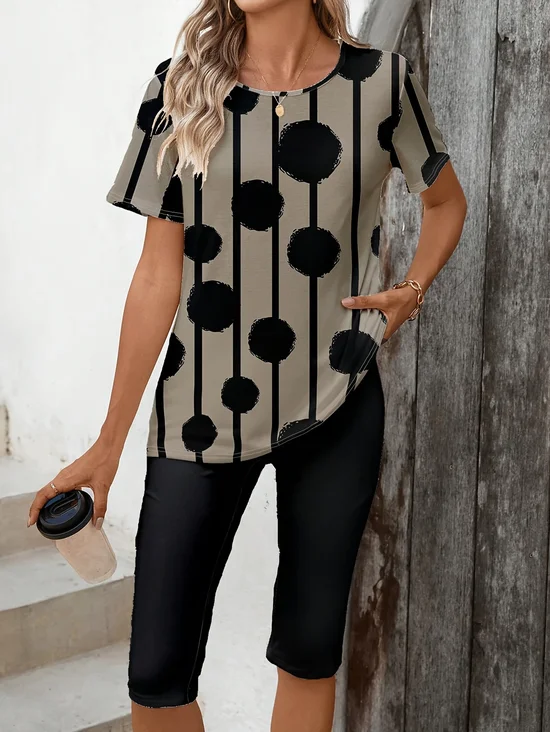 Damen Polka Dots Print Zweiteiliges Set Täglich Kurzarm Lässig Sommer Bluse mit Hose Matching Set