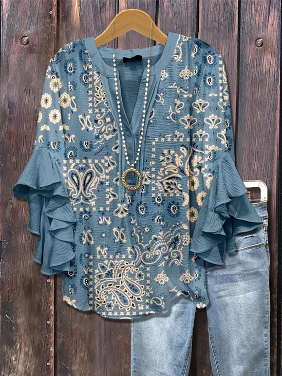 V-Ausschnitt Halbarm Geblümt Print Regelmäßig Weit Bluse für Damen