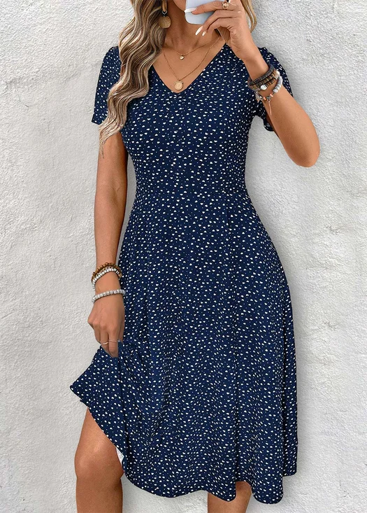 Damen Abstrakte Tupfen Sommer Kleid V-Ausschnitt Kurzarm Passen & Flare Kleid A-Linien-Kleid