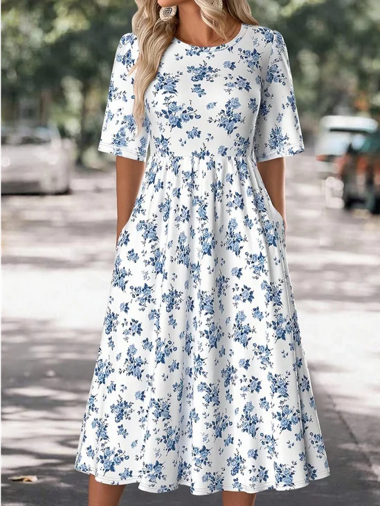 Damen Geblümt Sommer Kleid Rundhals Halbarm A-Linien-Kleid