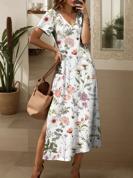 Damen Geblümt Sommer Kleid Rundhals Kurzarm T-Shirt-Kleid A-Linien-Kleid