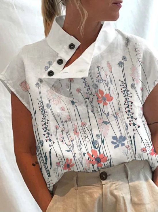Schalkragen Kurzarm Geblümt Regelmäßig Mikroelastizität Regelmäßige Passform Bluse für Damen