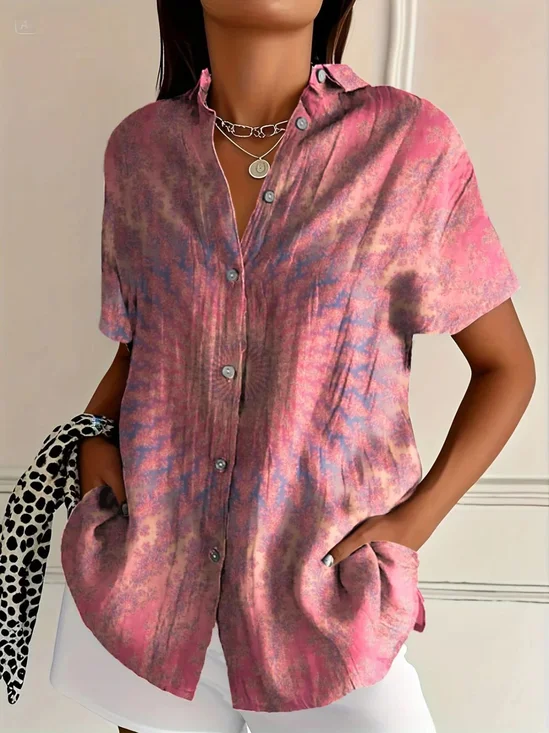 Hemdkragen Kurzarm Geometrisch Regelmäßig Mikroelastizität Regelmäßige Passform Bluse für Damen