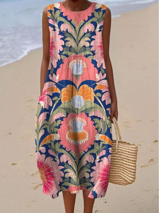 Damen Geblümt Sommer Kleid Rundhals Ärmellos A-Linien-Kleid