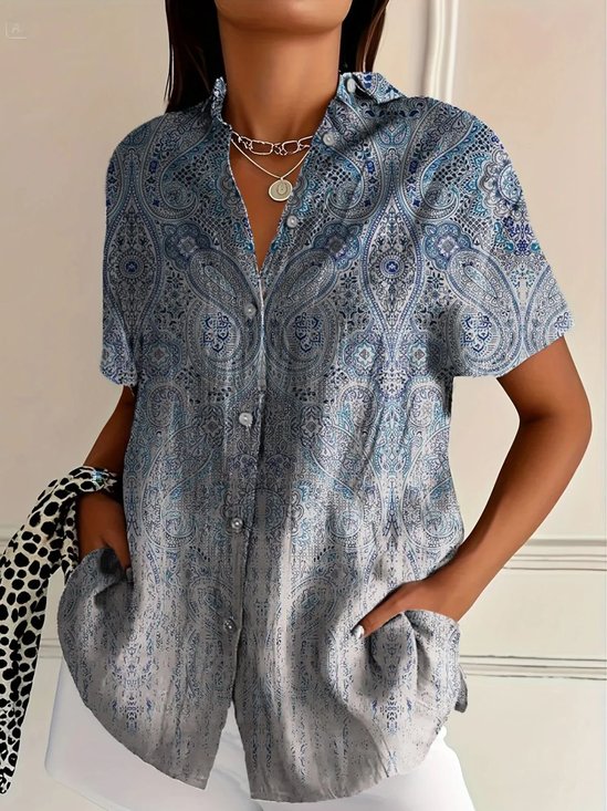 Hemdkragen Kurzarm Paisley Regelmäßig Mikroelastizität Regelmäßige Passform Bluse für Damen