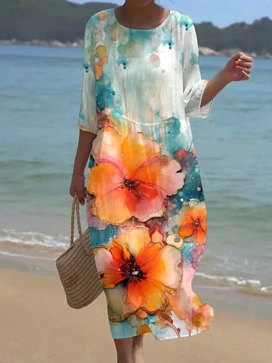 Damen Geblümt Sommer Kleid Rundhals Kurzarm A-Linien-Kleid
