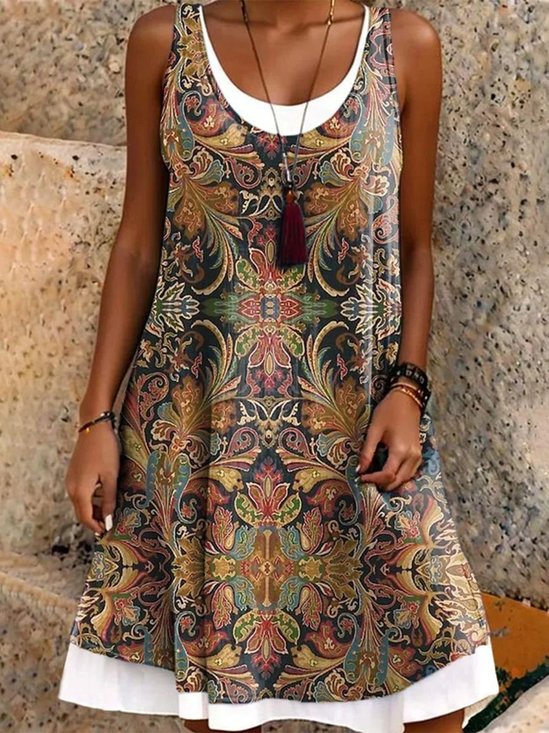 Damen Geblümt Sommer Kleid Rundhals Ärmellos A-Linien-Kleid