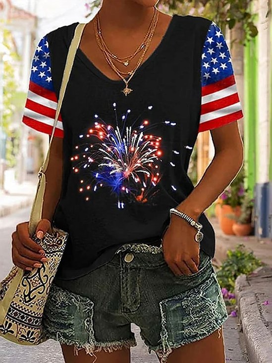 Lässig Amerika-Flagge V-Ausschnitt Kurzarm T-Shirt