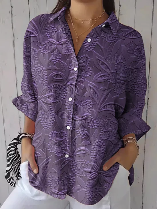 Hemdkragen Langarm Geblümt Leicht Regelmäßige Passform Bluse für Damen