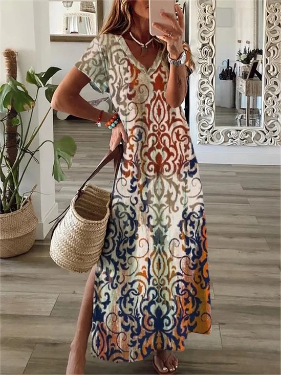 Damen Geblümt Sommer Kleid V-Ausschnitt Kurzarm A-Linien-Kleid