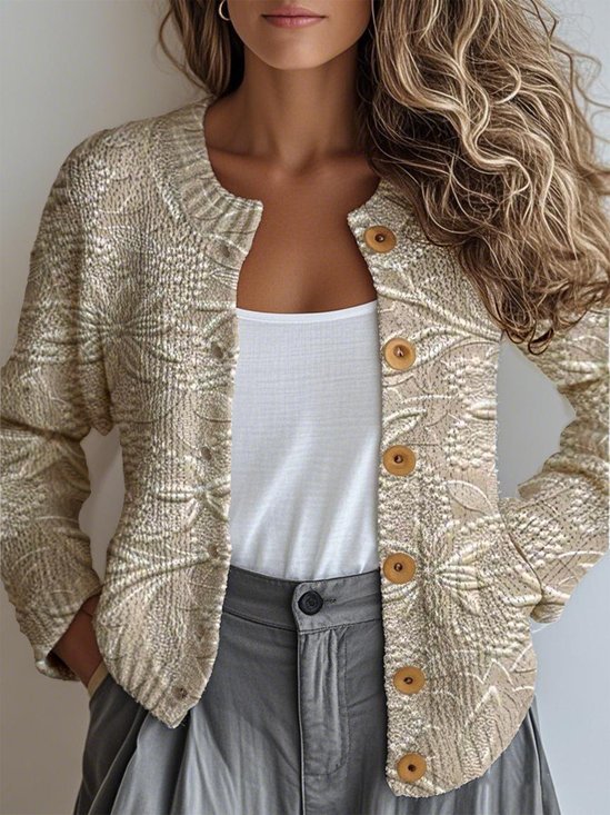 Damen Gestrickt 3d Drucken Langarm Bequem Retro Strickjacke