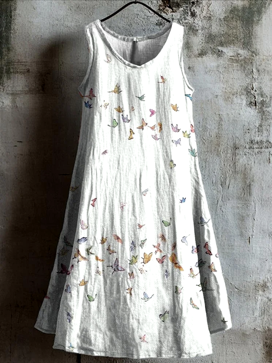 Damen Geblümt Sommer Kleid Rundhals Ärmellos A-Linien-Kleid