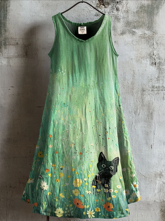 Damen Geblümt Sommer Kleid Rundhals Ärmellos A-Linien-Kleid