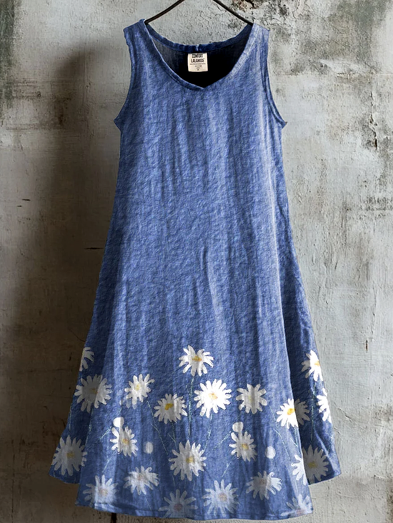 Damen Geblümt Sommer Kleid Rundhals Ärmellos A-Linien-Kleid