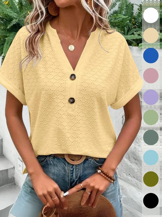 Lässig Unifarben V-Ausschnitt Kurzarm T-Shirt