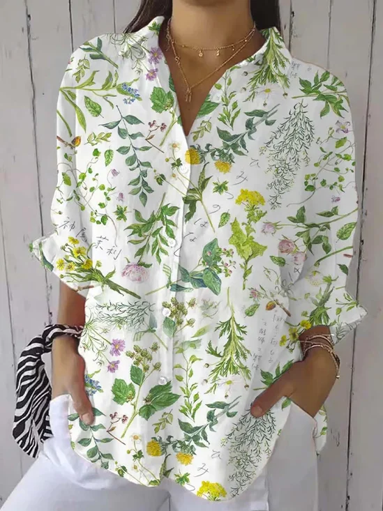 Hemdkragen Langarm Geblümt Regelmäßig Mikroelastizität Regelmäßige Passform Bluse für Damen