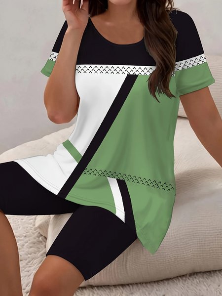Damen Abstrakt Print Zweiteiliges Set Täglich Kurzarm Lässig Sommer Bluse mit Hose Matching Set