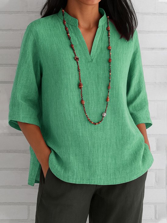 V-Ausschnitt Halbarm Unifarben Pullover Leicht Weit Bluse für Damen