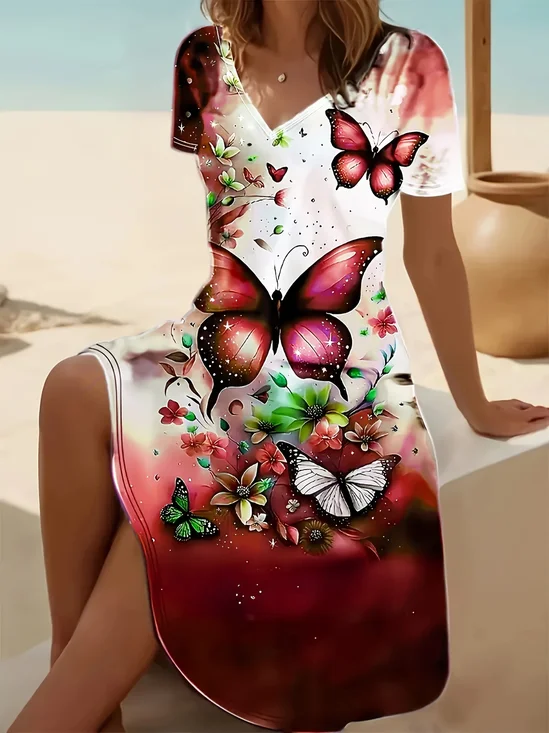 Damen Geblümt Sommer Print Kleid V-Ausschnitt Kurzarm Passen & Flare Kleid A-Linien-Kleid
