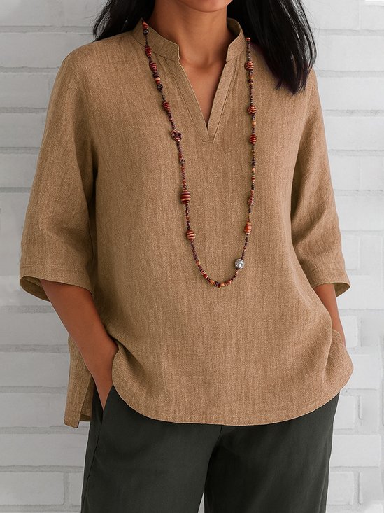 V-Ausschnitt Halbarm Unifarben Pullover Leicht Weit Bluse für Damen