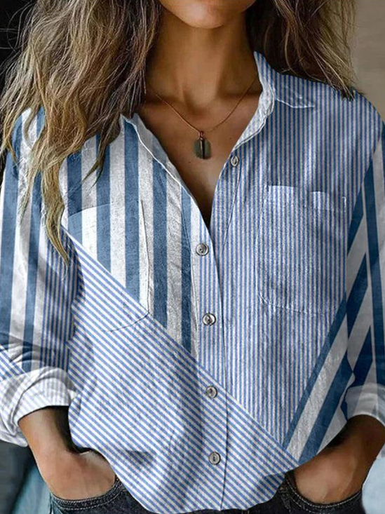 Schalkragen Langarm Gestreift Regelmäßig Weit Bluse für Damen