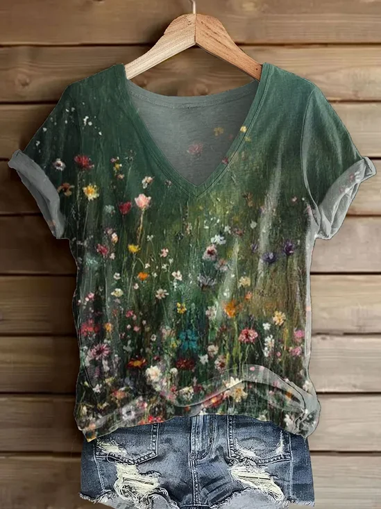 Lässig Geblümt V-Ausschnitt Kurzarm T-Shirt