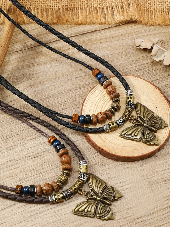 künstlerisch Retro Schmetterling Legierung mehrschichtig Hölzerne Perlen Verknotet Ausziehbar handgewebt Halskette