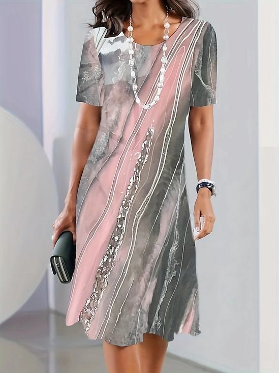 Damen Abstrakt Sommer Print Kleid Rundhals Kurzarm Tunika H-Linie Kleid