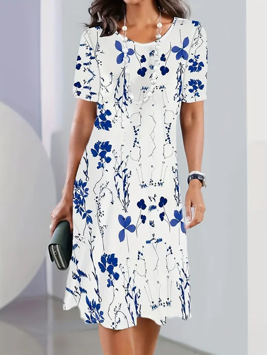 Damen Geblümt Sommer Print Kleid Rundhals Kurzarm Tunika H-Linie Kleid