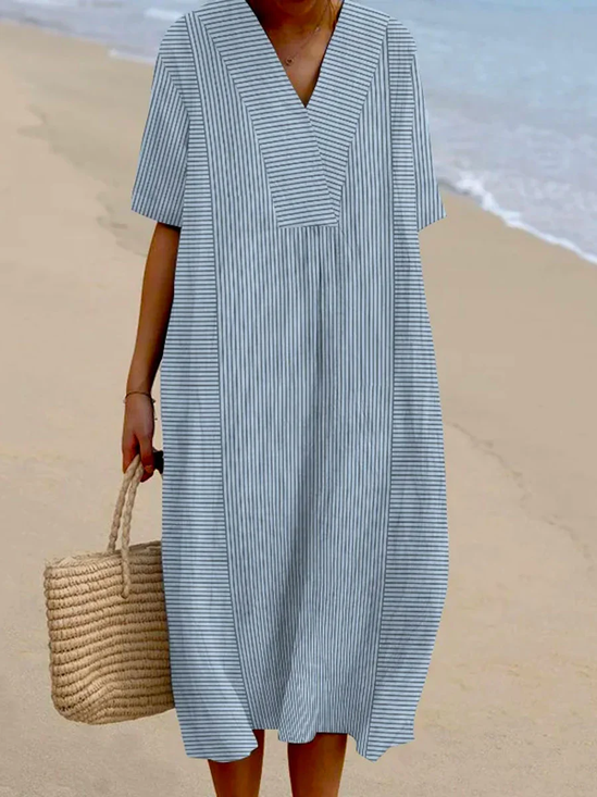 Damen Gestreift Sommer Kleid Rundhals Kurzarm A-Linien-Kleid