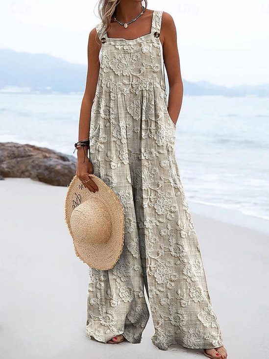 Damen Geblümt Spaghettiträger Ärmellos Lässig Sommer Baumwolle Jumpsuit