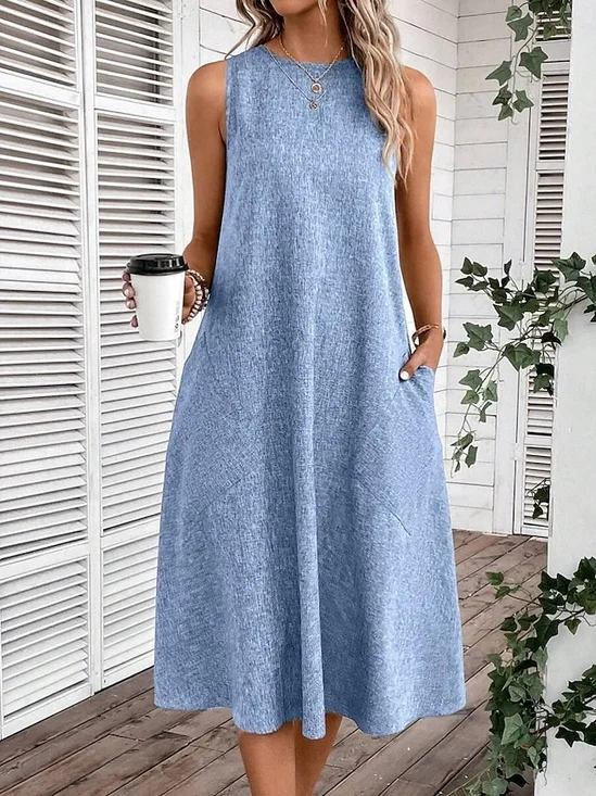 Damen Unifarben Sommer Kleid Rundhals Ärmellos A-Linien-Kleid