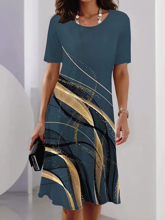 Damen Abstrakt Sommer Print Kleid Rundhals Kurzarm Tunika H-Linie Kleid