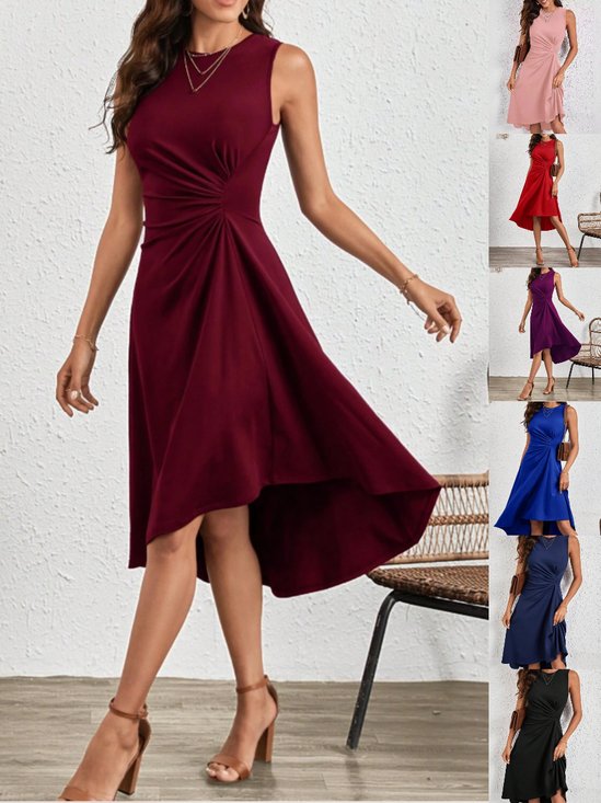 Damen Unifarben Sommer Nahtverarbeitung Kleid Rundhals Ärmellos Tanktop A-Linien-Kleid