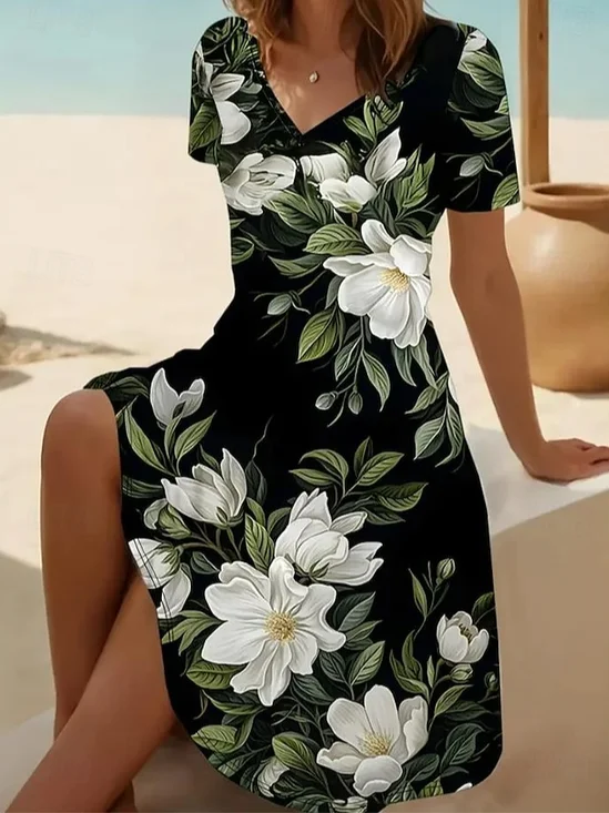 Damen Geblümt Sommer Print Kleid V-Ausschnitt Kurzarm Passen & Flare Kleid A-Linien-Kleid