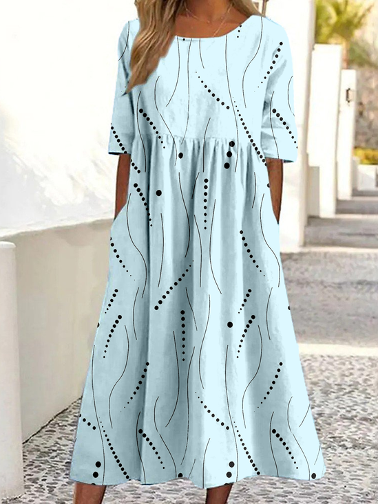 Damen Abstrakte Tupfen Sommer Kleid Rundhals Halbarm A-Linien-Kleid