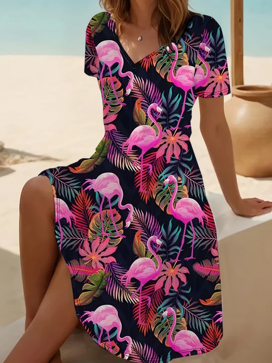 Damen Flamingo Sommer Print Kleid V-Ausschnitt Kurzarm Passen & Flare Kleid A-Linien-Kleid
