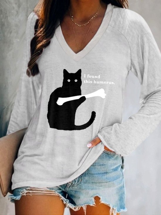 Lässig Tier V-Ausschnitt Langarm T-Shirt