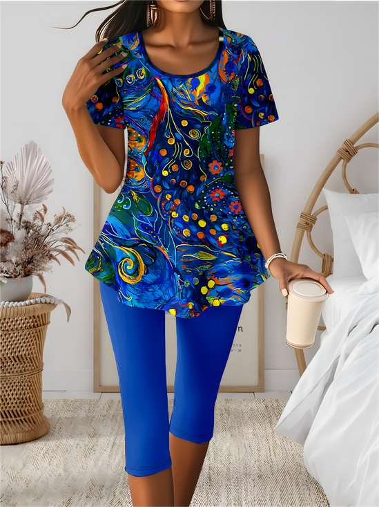 Damen Geblümt Zweiteiliges Set Täglich Kurzarm Lässig Sommer Bluse mit Hose Matching Set