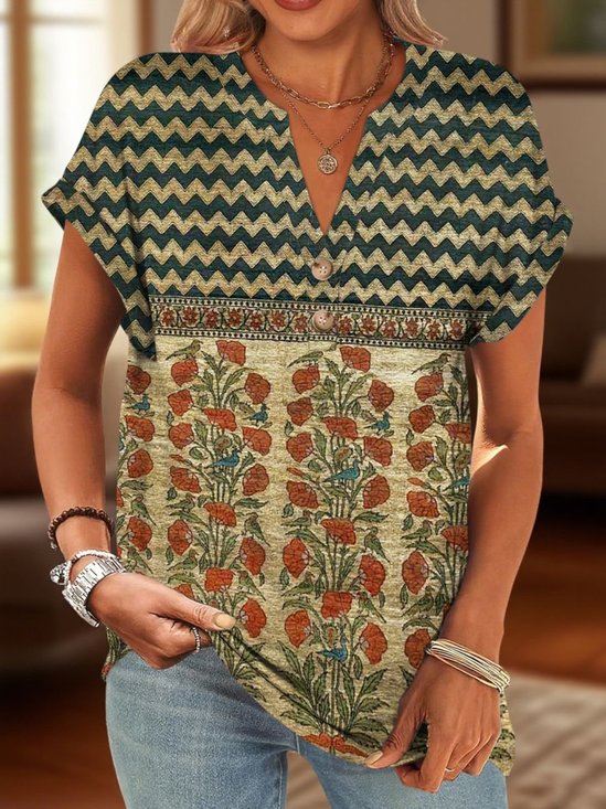 Lässig Geblümt V-Ausschnitt Kurzarm T-Shirt
