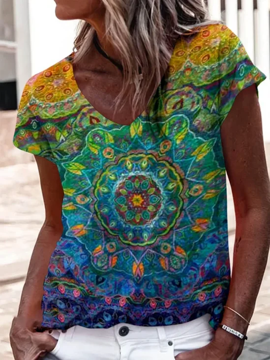 Lässig Geblümt V-Ausschnitt Kurzarm T-Shirt