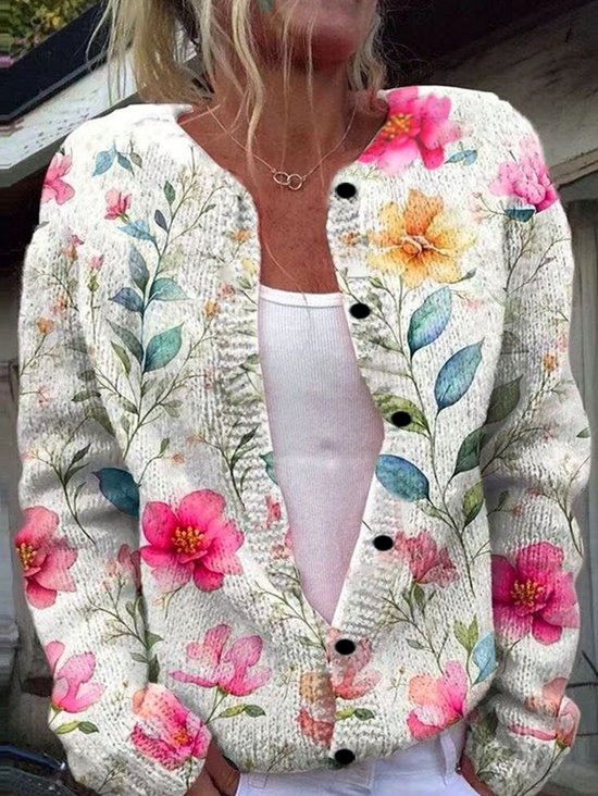 Damen Gestrickt 3d Drucken Langarm Bequem Retro Strickjacke
