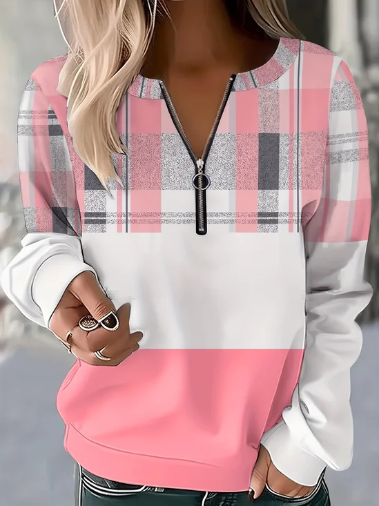 Lässig Rundhals Kariert Sweatshirt