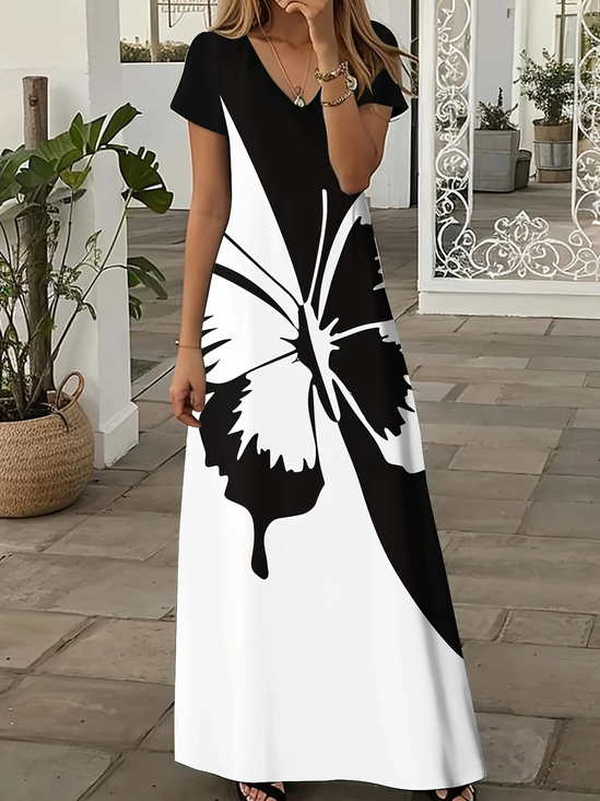 Damen Schmetterling Sommer Print Kleid V-Ausschnitt Kurzarm X-Linie Kleid
