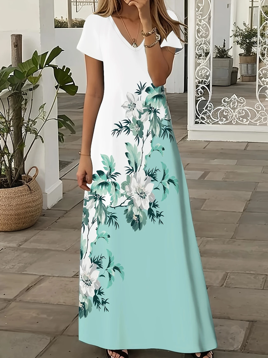 Damen Geblümt Sommer Print Kleid V-Ausschnitt Kurzarm X-Linie Kleid