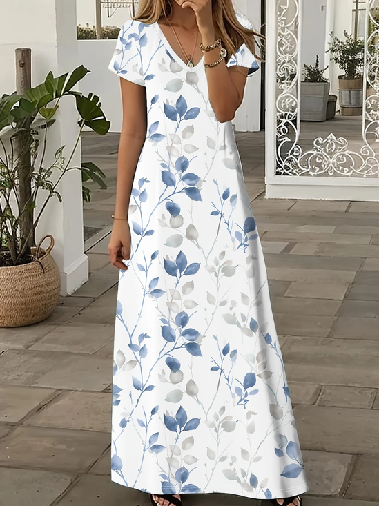 Damen Geblümt Sommer Print Kleid V-Ausschnitt Kurzarm X-Linie Kleid
